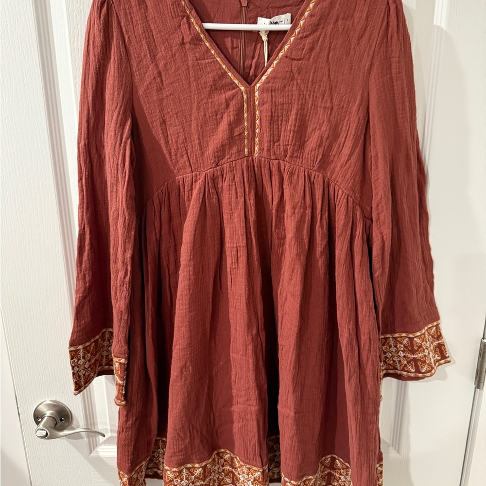 In Loom Bohemian Rust Dress with Embroidered Details